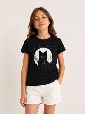 GAP Kids Black Cat Moon Graphic T-Shirt 100% Cotton Size M (8)